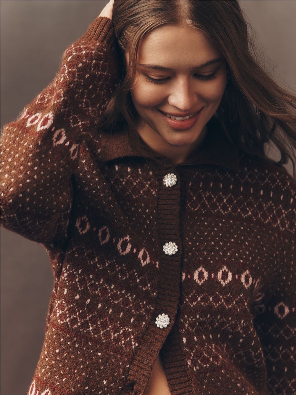 Anthropology Design History Brown Knit Cardigan with Cream Pattern - Picture 2 of 10